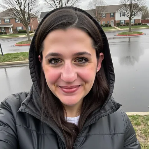 Prompt: Outside in rain. Wearing a black leather raincoat. Hood up. Selfie. Neutral face. 