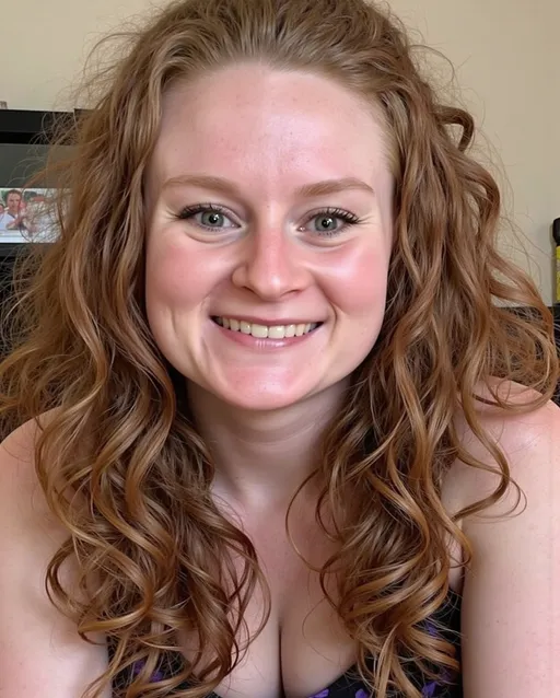 Prompt: Wearing low-cut, spaghetti strapped maxi black leather dress. Selfie mode of her whole face. Close up of face. Standing alone. Hair down and curly and thick. Arms out as if holding the viewer. Close up of her face. 