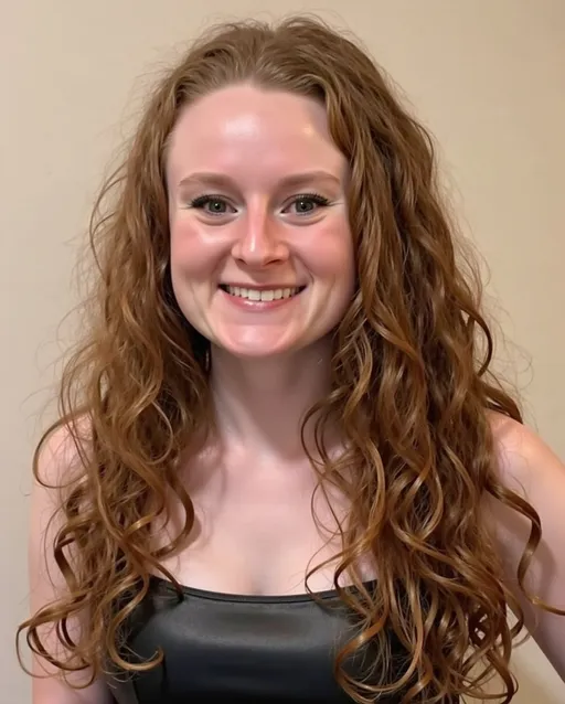 Prompt: Wearing low-cut, spaghetti strapped maxi black leather dress. Selfie mode of her whole face. Close up of face. Standing alone. Hair down and curly and thick. 