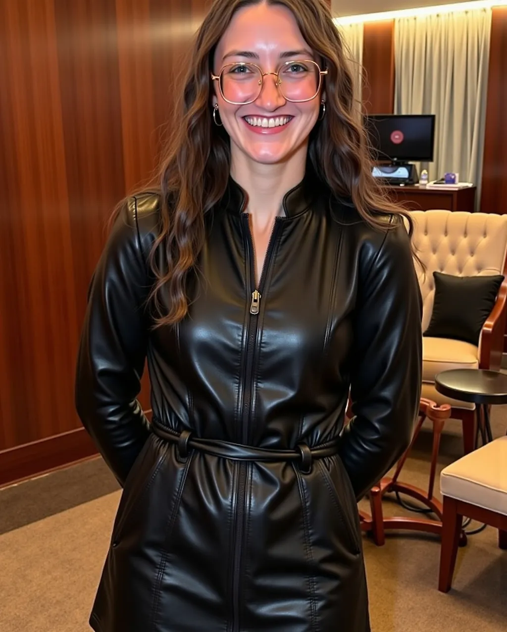 Prompt: Standing in fancy hotel room. Wearing long black leather coat that’s slim against her body. Hands and arms are behind her. Hair down. Close up view. 