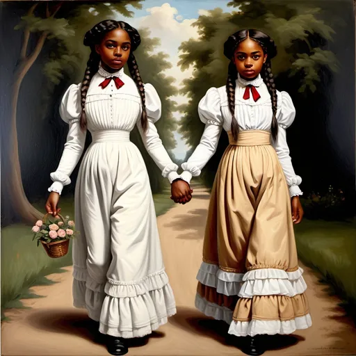 Prompt: oil painting victorian two pretty black girls with one long braid each wearing white holding hands and walking