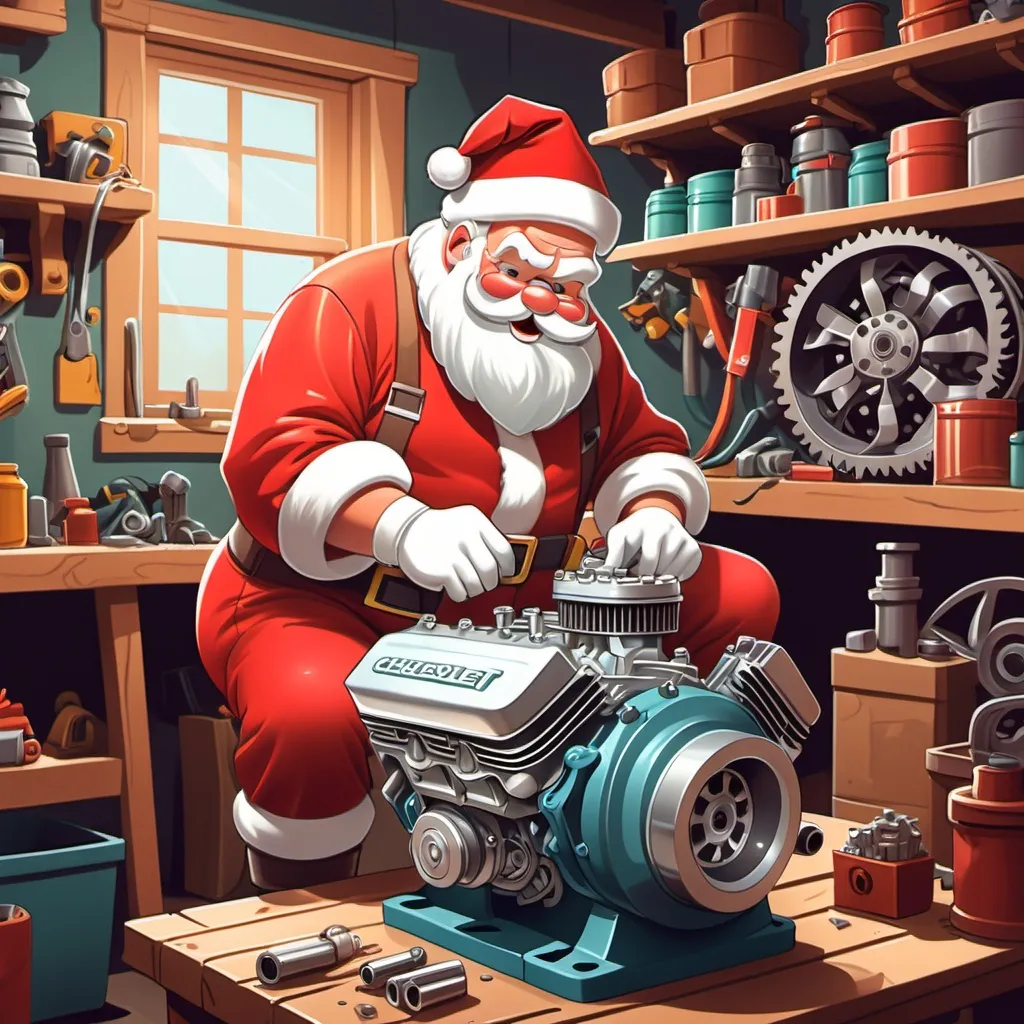 Prompt: Santa working on his Chevrolet V8 engine while in summer clothes. cartoon style in his workshop