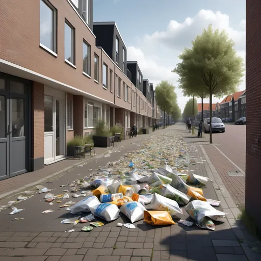 Prompt: {
  "prompt": "A detailed, creative illustration of a Dutch neighborhood scene in the district of Gouda Noord, specifically the Achterwillens area. Show multiple low-rise social housing buildings with simple, uniform facades. In the foreground, there are discarded wrappers, cans, and plastic bags scattered across the sidewalk, emphasizing the litter problem. Residents stand together near a community notice board displaying a large sign with the text ‘Buurt aan Zet,’ symbolizing a grassroots community program. Subtle elements, like a slightly wilted plant or cracks in a wall, hint at the resilience of the neighborhood being under pressure. Use a bright, painterly style with warm, inviting colors to highlight a sense of hope and collaboration despite the challenges."
}
