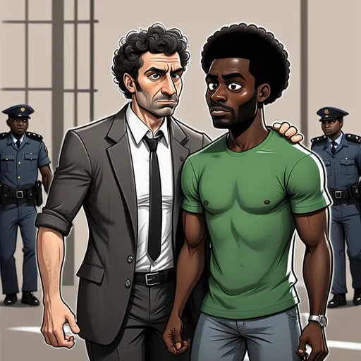 Prompt: Italian man taking a black Nigerian man to jail cartoon style


