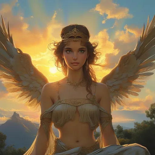 Prompt: A winged female goddess figure in a garden on top of a mountain at sunset. The sun and clouds are behind her creating dramatic lighting. She is wearing long flowing robes in the Greek style with fancy jewels and embroidery and is wearing a tiara.  She has wide open eyes and an open mouth smile. She is rendered in an anime style.