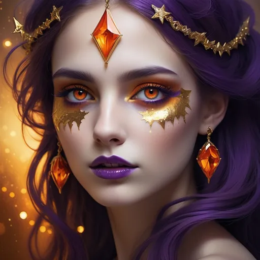 Prompt:  She stared at him with those eerie red rimmed golden eyes rimmed by dark lashes. She wore a dress of deep orange and purples that faded from a sunny white base near her middle. In its many folds laid glints of gold that reflected like tiny stars. Huge deep purple stones encased in gold dangled from each ear and from the plethora of golden spikes holding up her supple bone colored hair. Here and there a strand of hair had been left loose to frame her bejeweled neck and creamy skinned cleavage. A gorgeous paper umbrella painted to resemble a swirl of orange clouds was held in a single white gloved hand. 