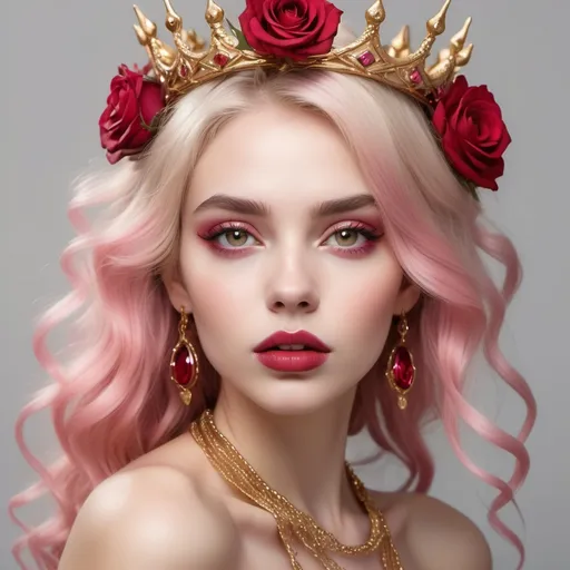 Prompt: a beautiful woman with supple bone colored hair with a few thin delicate braids upswept wavy hairstyle in a spiked curving golden crown with pink rose colored jewels. Golden eyes with red limbal-rings, rimmed by dark long lashes. Pale creamy skinny warm. Ruby red full lips slightly parted.  thin dainty eyebrows.