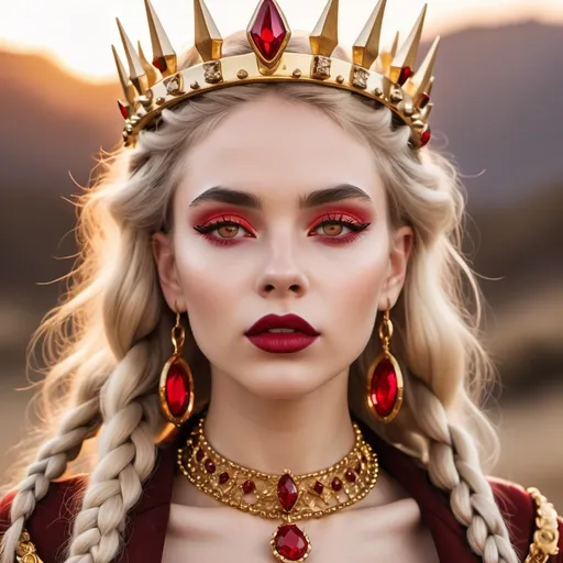 Prompt: a beautiful woman with supple braided Bone colored hair in a spiked golden crown with sunset colored jewels. Gold eyes with red rims, rimmed by dark long lashes. Pale creamy skinny warm. Ruby red full lips slightly parted.  thin eyebrows.