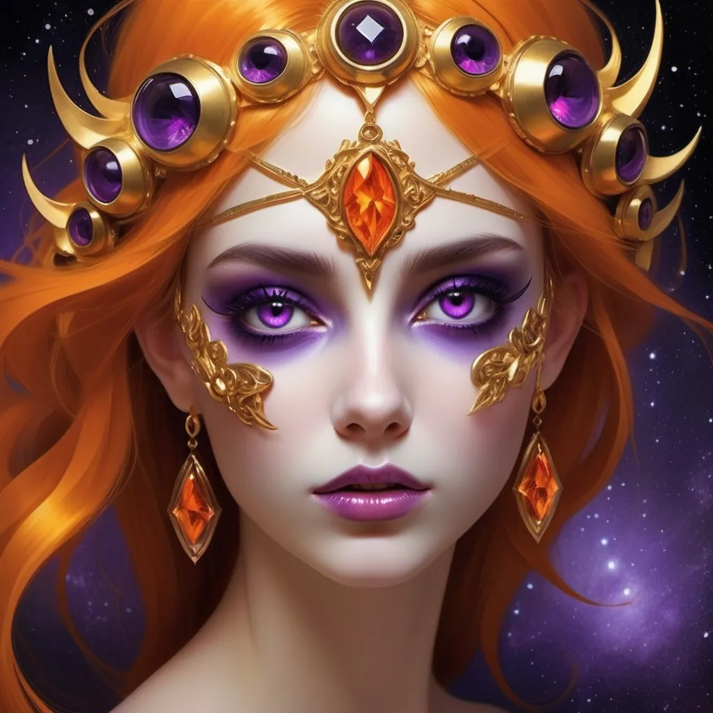 Prompt:  She stared at him with those eerie red rimmed golden eyes rimmed by dark lashes. She wore a dress of deep orange and purples that faded from a sunny white base near her middle. In its many folds laid glints of gold that reflected like tiny stars. Huge deep purple stones encased in gold dangled from each ear and from the plethora of golden spikes holding up her supple bone colored hair. Here and there a strand of hair had been left loose to frame her bejeweled neck and creamy skinned cleavage. A gorgeous paper umbrella painted to resemble a swirl of orange clouds was held in a single white gloved hand. 