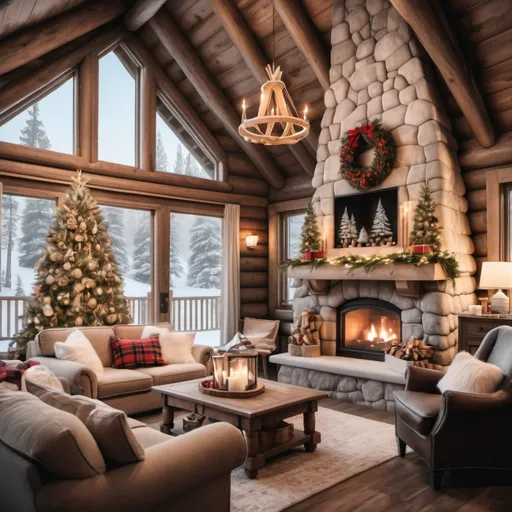 Prompt: An elegant cozy cabin with a view of snow and 
decorated for Christmas 
