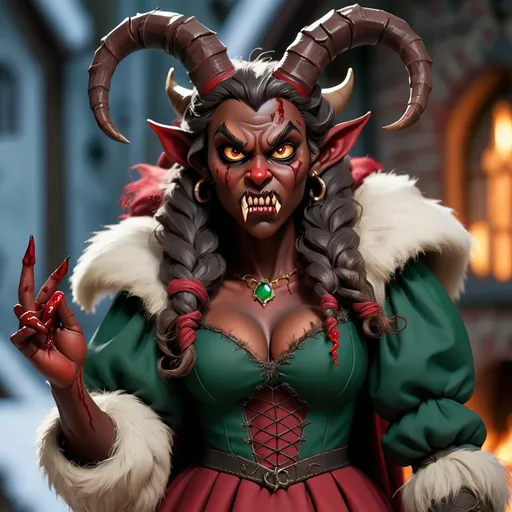 Prompt: 6ft tall beautiful but scary brown skin female krampus with a little fur on skin with curled horns and sharp finger nails wearing dark red and dark green clothing with blood stains with medieval look