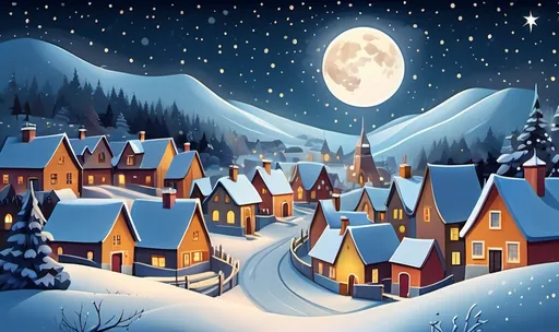 Prompt: snowy village with a bright large star in the background, snowy winter christmas night, christmas night, nightime village background, winter scene fantasy, a beautiful artwork illustration, cosy enchanted scene, magical village, whimsical fantasy landscape art, stary night painting, winter night, at night with full moon, jane newland, whimsical art, inspired by Rudolph F. Ingerle