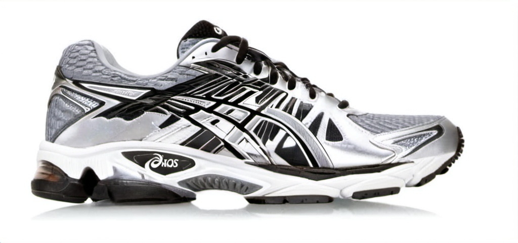 Prompt: Silver/Black, Asics type runner shoe, 2000s, white background