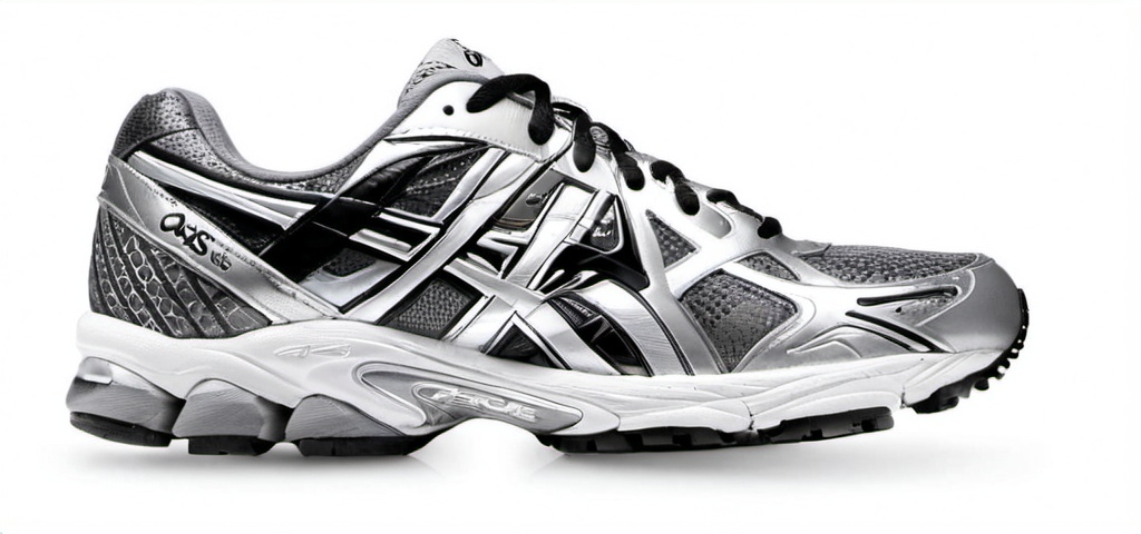 Prompt: Silver/Black, Asics type runner shoe, 2000s, white background