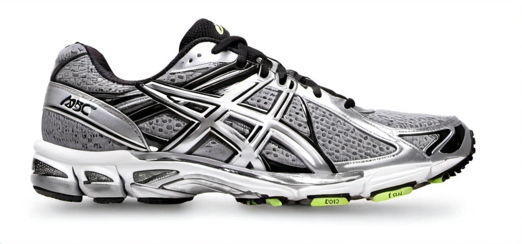 Prompt: Silver/Black, Asics type runner shoe, 2000s, white background