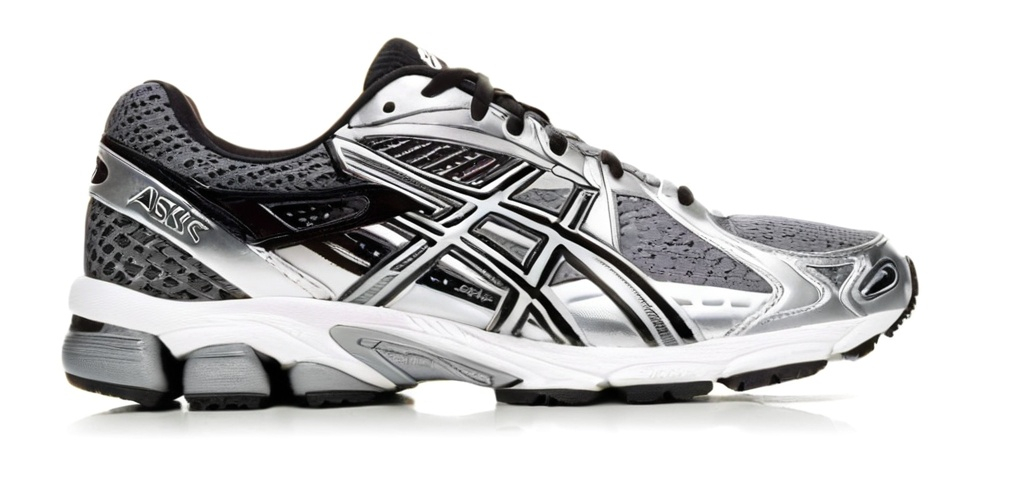 Prompt: Silver/Black, Asics type runner shoe, 2000s, white background