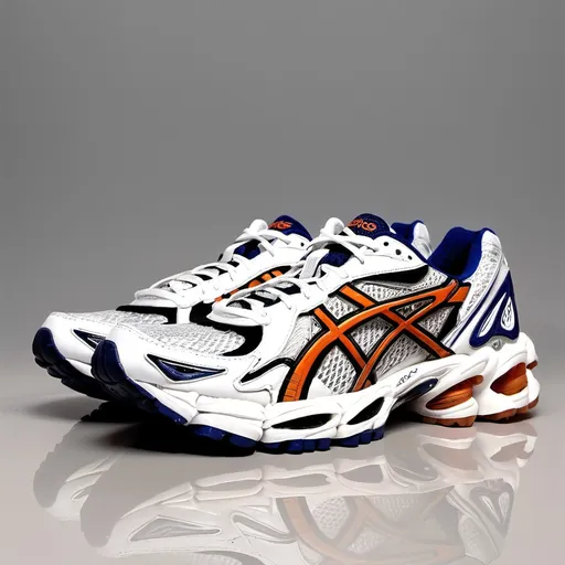 Prompt: Asics kayano 14 type runner shoe, dad shoes, 2000s