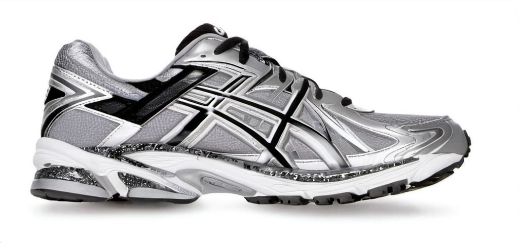 Prompt: Silver/Black, Asics type runner shoe, 2000s, white background