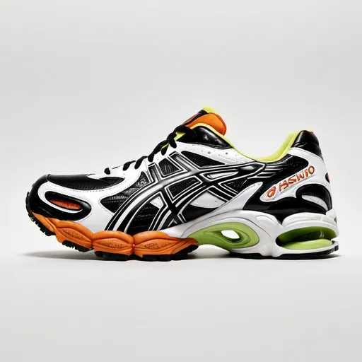 Prompt: Asics kayano 14 type runner shoe, dad shoes, 2000s