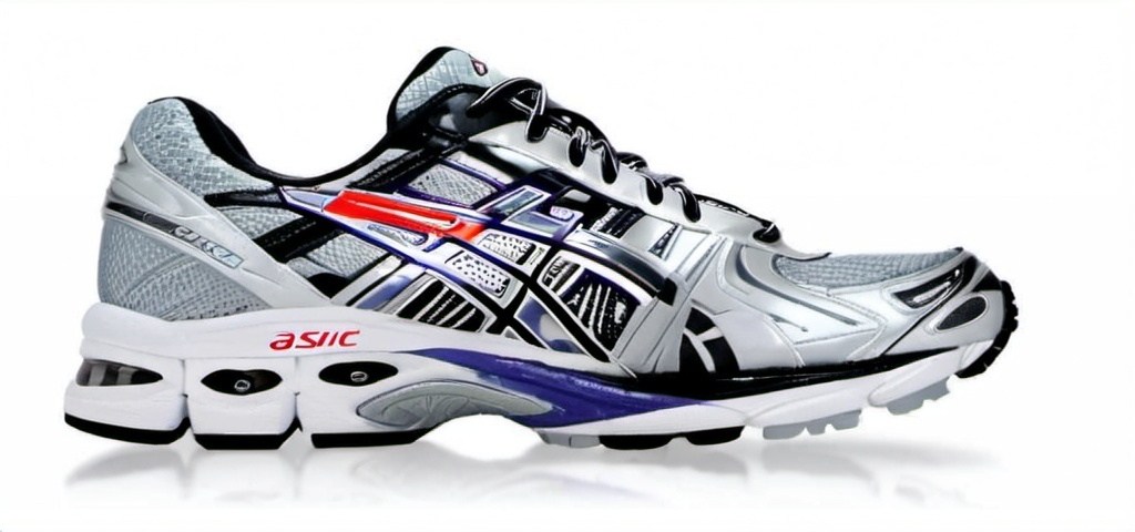 Prompt: Silver/Black, Asics type runner shoe, 2000s, white background