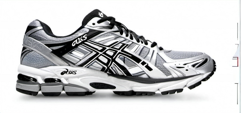 Prompt: Silver/Black, Asics type runner shoe, 2000s, white background