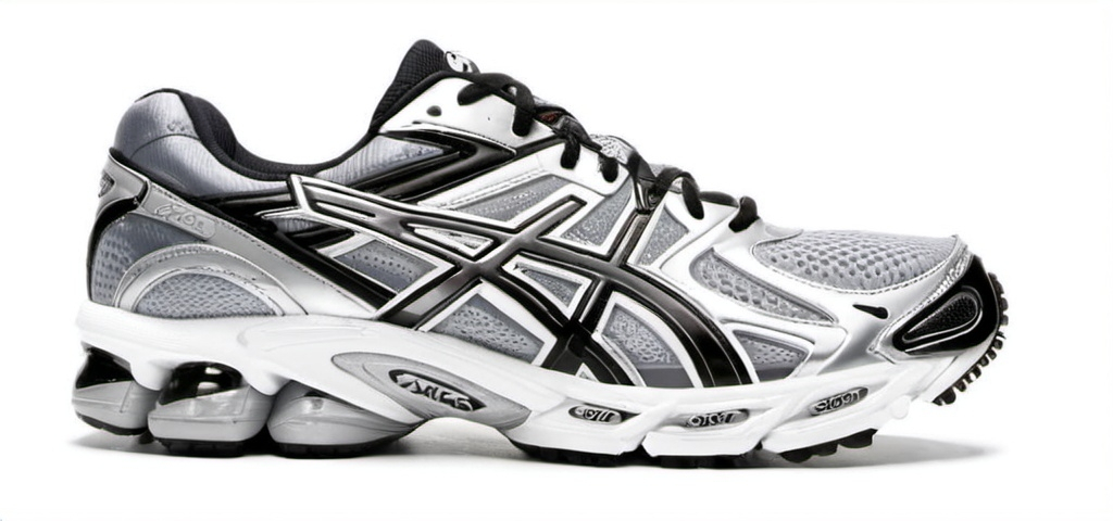 Prompt: Silver/Black, Asics type runner shoe, 2000s, white background