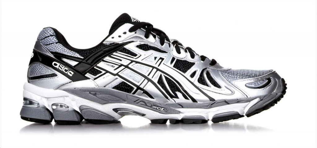 Prompt: Silver/Black, Asics type runner shoe, 2000s, white background