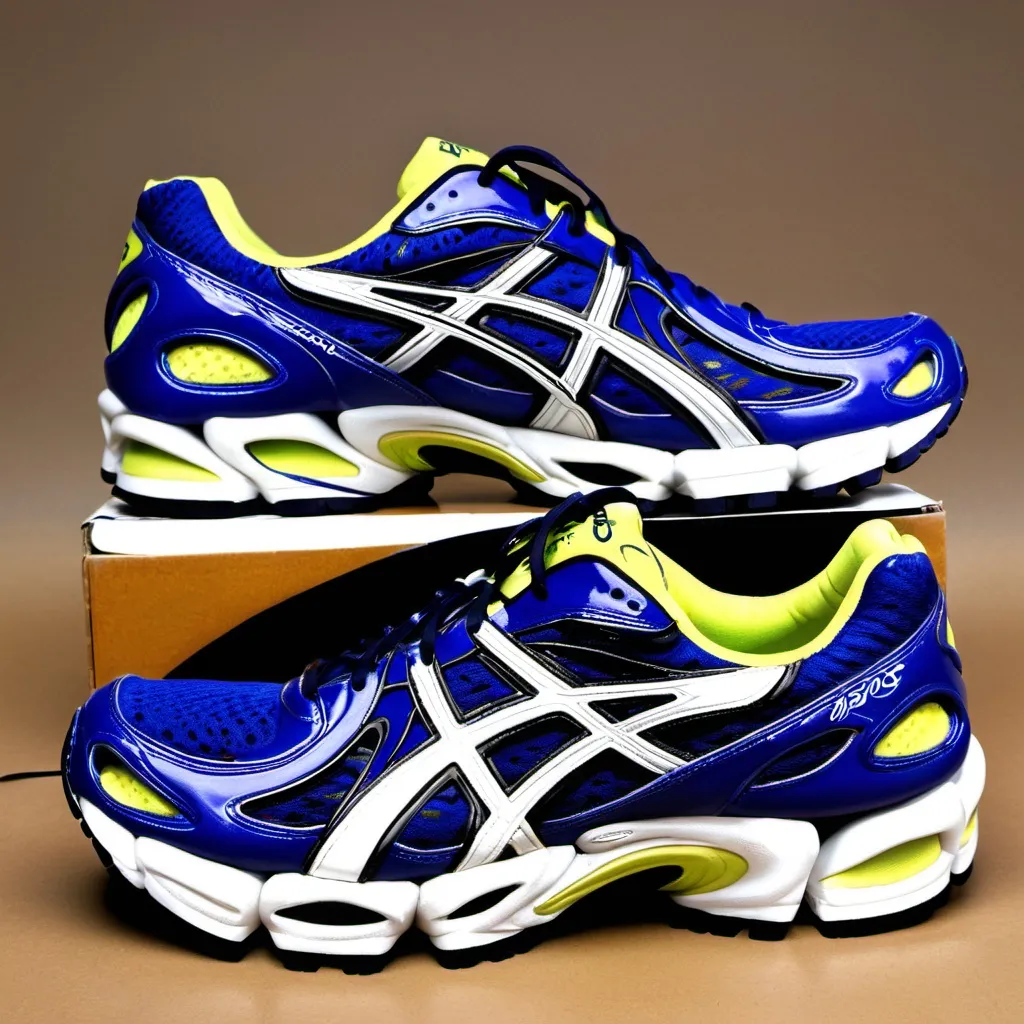 Prompt: Asics kayano 14 type runner shoe, dad shoes, 2000s