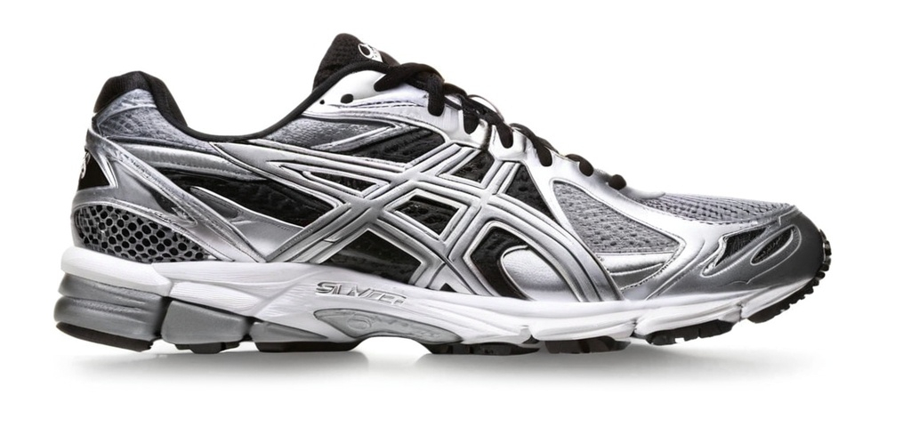 Prompt: Silver/Black, Asics type runner shoe, 2000s, white background