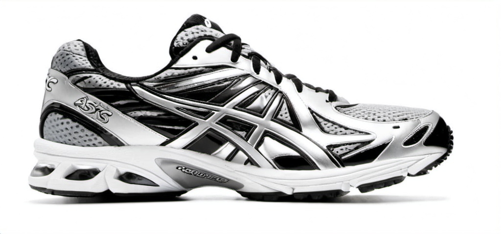 Prompt: Silver/Black, Asics type runner shoe, 2000s, white background