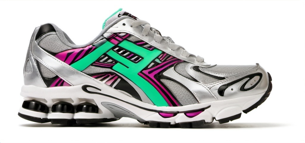 Prompt: Silve gel runner shoe, 2000s. White background