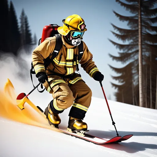 Prompt: a firefighet skiing with golden shoes
