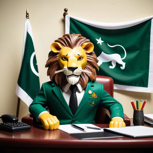 Prompt: Create a lion that’s wearing a suite and is sitting in a chair behind a desk with a Pakistani flag at the back