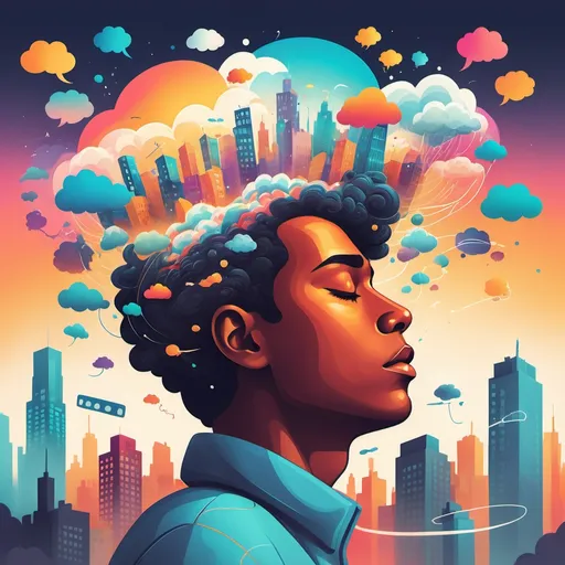 Prompt: A creative illustration showing a person closing their eyes with thought bubbles or colorful dream-like scenes around their head, such as flying over a landscape or building a futuristic city."

