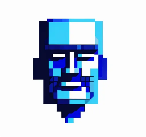 Prompt: a blue pixel head with a white background and a blue background with a white background and a blue pixel head, Edi Rama, pixel art, evil, pixel art