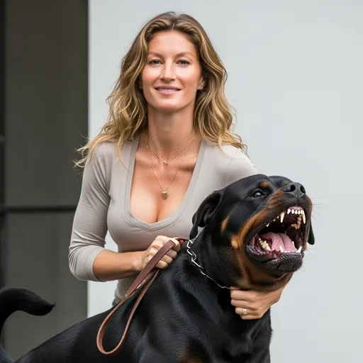 Prompt: Smiling Gisele Bündchen is stood tall with confidence in control as she stands there. She is wearing a tight low cut outfit which shows off her figure and big cleavage. Clutched tightly in her hand is a brown leather leash that strains under the explosive power of a monstrous docked tail male protection Rottweiler. Gisele is having to wrestle the Rottweiler under control. The Rottweiler is a spectacle of violence—its jaws ripped open in a deafening, feral snarl, foam pours out from its mouth, foam covers its face and mouth due to its angry barking. It is pure aggression incarnate, locked onto a target and ready to kill. Gisele Bündchen and the Rottweiler both stare directly into the camera, unflinching and defiant, projecting raw intimidation. They are defending her yard.