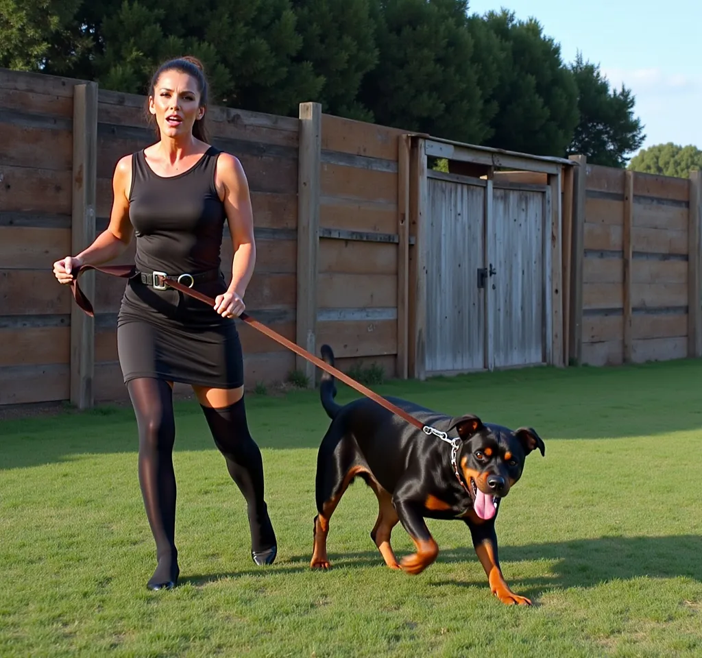 Prompt: The picture should show the full body of Lucy Zara. The Rottweiler is being handled by Lucy Zara walking the dog on a brown dog lead dramatic scene, a fierce Rottweiler in a threatening pose, showing sharp teeth,  Rottweiler’s glaring eyes, HD, ultra-detailed. The Rottweiler is taking part in protection attack guard dog training. The Rottweiler is barking. The picture should show Lucy Zara walking with the Rottweiler. Lucy Zara is wearing a tight dress