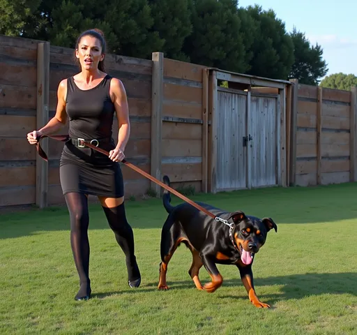 Prompt: The picture should show the full body of Lucy Zara. The Rottweiler is being handled by Lucy Zara walking the dog on a brown dog lead dramatic scene, a fierce Rottweiler in a threatening pose, showing sharp teeth,  Rottweiler’s glaring eyes, HD, ultra-detailed. The Rottweiler is taking part in protection attack guard dog training. The Rottweiler is barking. The picture should show Lucy Zara walking with the Rottweiler. Lucy Zara is wearing a tight dress