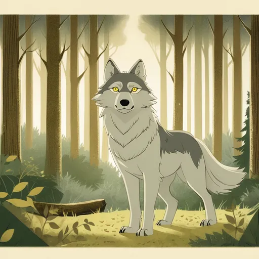 Prompt: Illustration of Urko and Lenzo in the forrest. Urko is a majestic wolf with a striking appearance: his coat is thick and a mix of dark gray and white, with a prominent white chest that stands out against the lush greenery. His eyes are almond-shaped, glowing yellow, and full of wisdom and strength.Urko emerges from the bushes, with only his head and part of his chest visible. Lenzo stands with his back turned, looking at him.