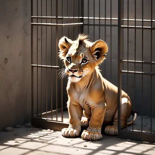 Prompt: lion cub in cage outside sunlight gray high walls  plain dirt floor
