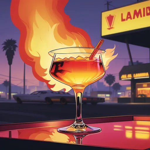 Prompt: A landscape format illustration of a Flaming Lamborghini cocktail in a shots format, in GTA V cover art look and feel, no text