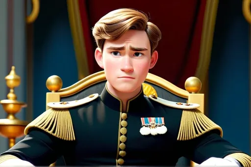 Prompt: Disney pixar 3d animated. 25 year old man. Short brown hair with right side parting. Wearing 19th century black royal clothing with gold trim. sitting on the royal throne. background inside the royal building. evening