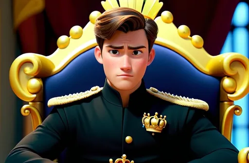 Prompt: Disney pixar 3d animated. 25 year old man. Short brown hair with right side parting. Wearing 19th century black royal clothing with gold trim. sitting on the royal throne. background inside the royal building. evening