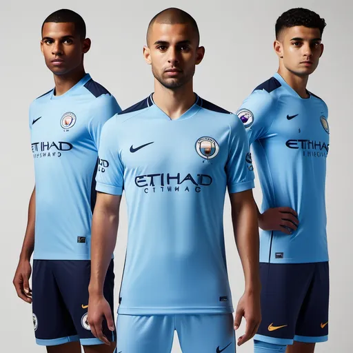 Prompt: I’d imagine the new Manchester City kit as a bold yet elegant fusion of modern design and the club’s storied heritage. The base would be a striking, deep sky blue, reminiscent of the iconic hue that represents the club, but with a subtle gradient effect, fading to a slightly darker shade at the edges to give it a sleek, dynamic feel.

Intricate geometric patterns, inspired by the city’s architecture, would be woven into the fabric, creating a textured, almost futuristic look. The shoulders and sleeves could have a metallic silver accent, catching the light and adding a touch of refinement, while the collar would be a crisp, clean white, evoking classic football kit styles with a contemporary twist.

The crest would be subtly embossed, its colors gleaming against the blue, representing both tradition and modernity. The sponsor logo would be integrated seamlessly into the design, matching the sleek aesthetic without overpowering the kit’s elegance. On the back, near the collar, a small, almost hidden detail—a nod to Manchester’s industrial past, perhaps a faint, metallic honeycomb pattern, would be a secret touch for the fans who know the city’s history.

Overall, it would be a kit that feels both timeless and cutting-edge, a perfect reflection of Manchester City’s growth and global presence.
