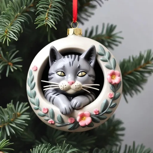 Prompt: An ornament featuring a cute snuggly grey tabby cat taking a nap