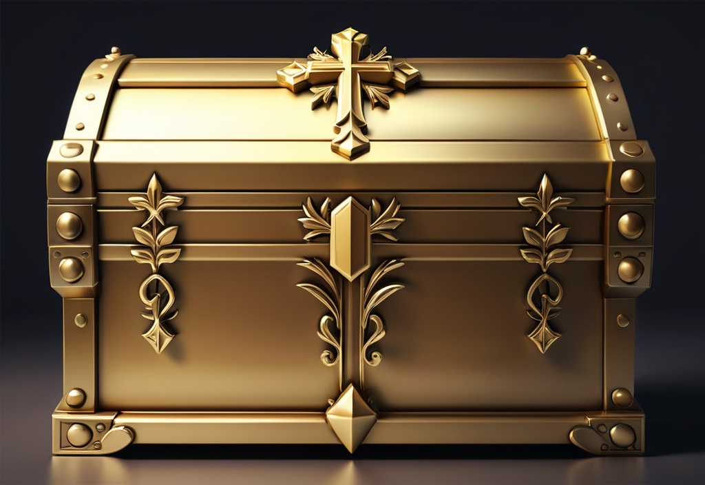 Prompt: Golden chest box, front view, no side shot, cross