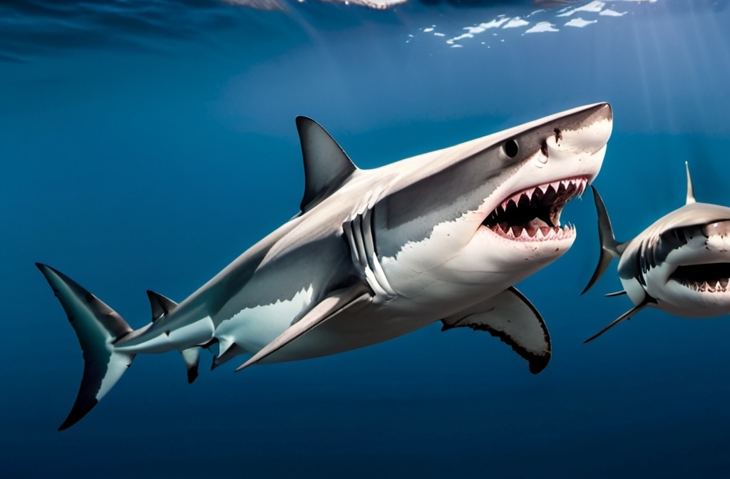 Prompt: Mako shark mixed with a great white shark


