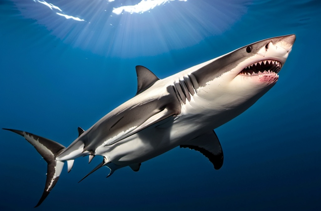 Prompt: Mako shark mixed with a great white shark


