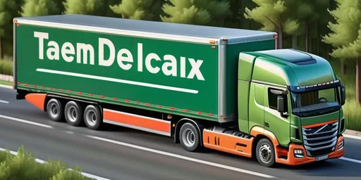 Prompt: a semi truck driving down a highway next to a forest of trees and bushes on a sunny day with a green trailer, Carles Delclaux Is, superflat, finely detailed features, a stock photo