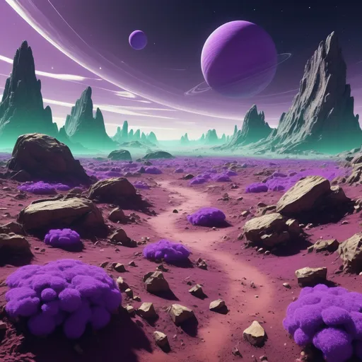 Prompt: genera un paisaje de un planeta rocoso donde predomina el color violeta en el suelo y donde la atmosfera sea ligeramente verde